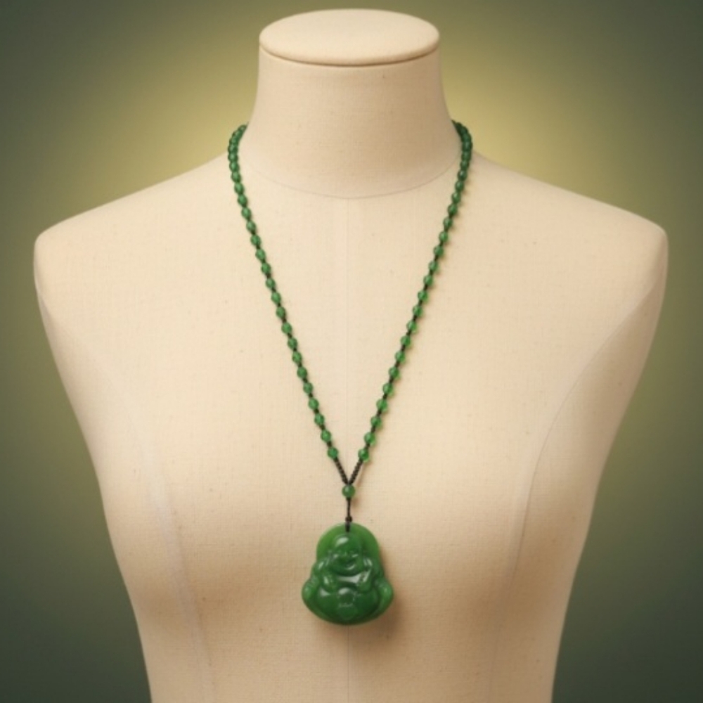 NEW, Buddha Pendant Necklace. Color: Green Jade. Length: 27.5".